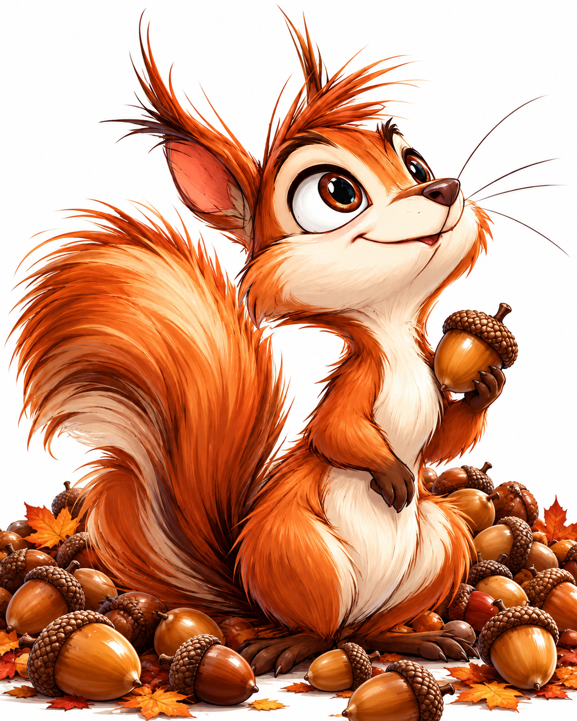 Nutty Nester the squirrel holding an acorn among a woodland stash
